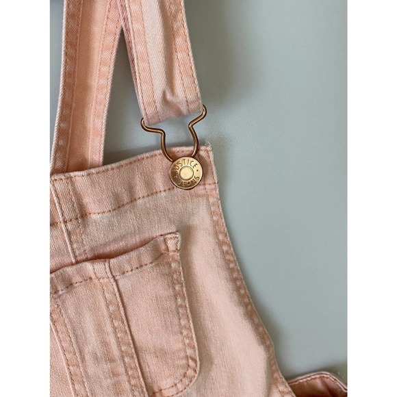 Justice Overalls Shorts Denim Lightly Distressed Peach Color buckles Girls 8 - Picture 10 of 13